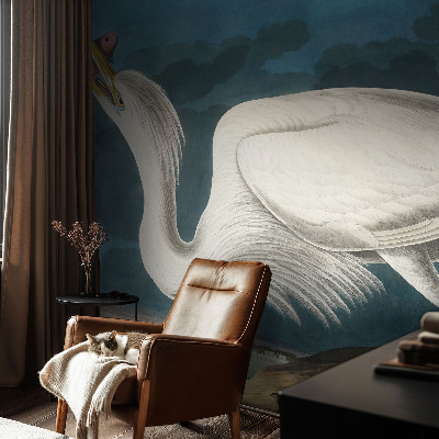 Wall mural for living room featuring a bird holding a fish motif