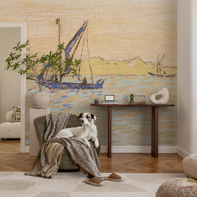 Bedroom wall mural wallpaper featuring a calm sea motif