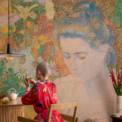 Bedroom wall mural wallpaper featuring a floral portrait design