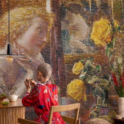 Large wall mural wallpaper featuring a woman surrounded by roses