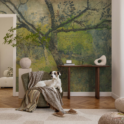 Modern wall mural for living room with a green landscape design