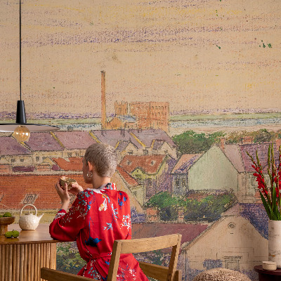 Bedroom wall mural wallpaper with an urban rooftops design