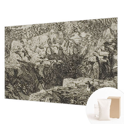 Large wallpaper mural featuring a mountain scenery design