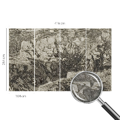 Large wallpaper mural featuring a mountain scenery design