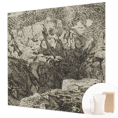 Large wallpaper mural featuring a mountain scenery design