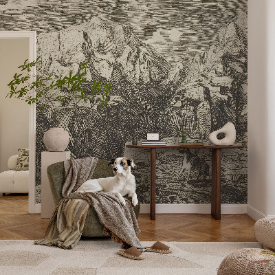 Large wallpaper mural featuring a mountain scenery design