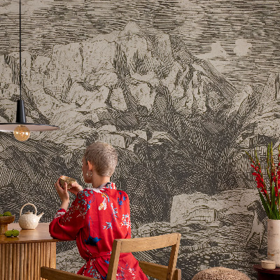 Large wallpaper mural featuring a mountain scenery design