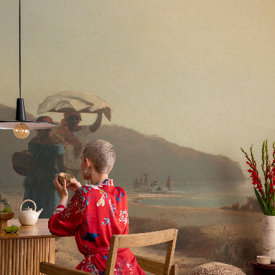 Modern wall mural for bedroom featuring a seaside walk motif