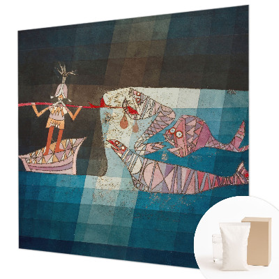 Wall mural for bedroom featuring a fisherman and hunter illustration