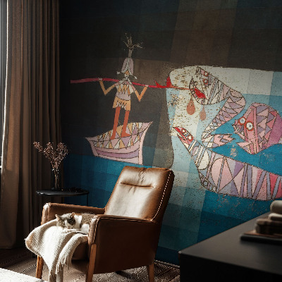 Wall mural for bedroom featuring a fisherman and hunter illustration