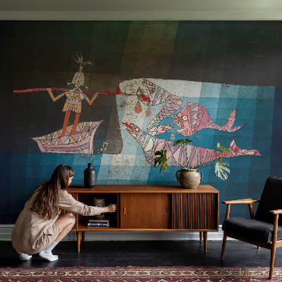 Wall mural for bedroom featuring a fisherman and hunter illustration