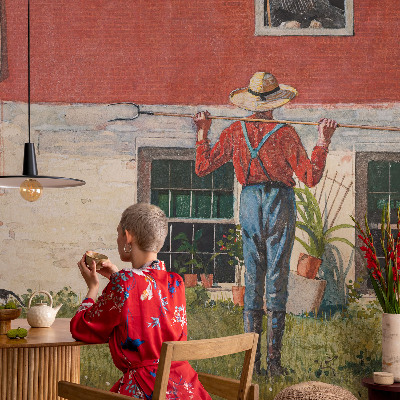 Large wall mural wallpaper featuring a village scene