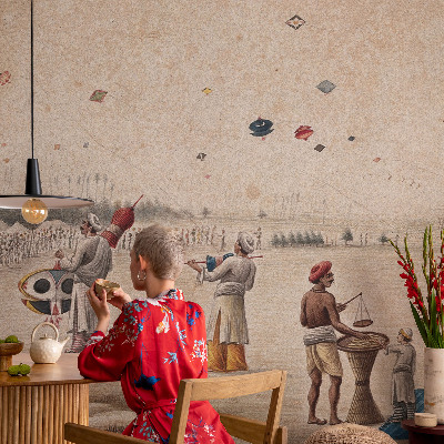 Decorative wall mural for living room with a motif of soaring kites