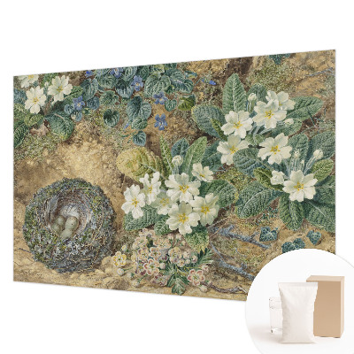 Non-woven wall mural with a spring composition