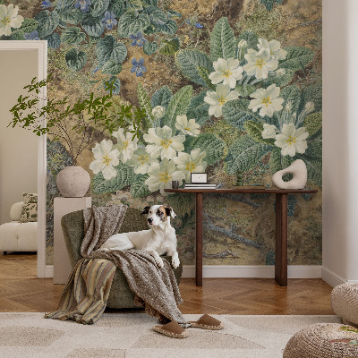 Non-woven wall mural with a spring composition