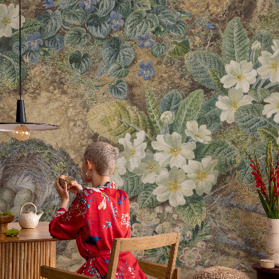 Non-woven wall mural with a spring composition