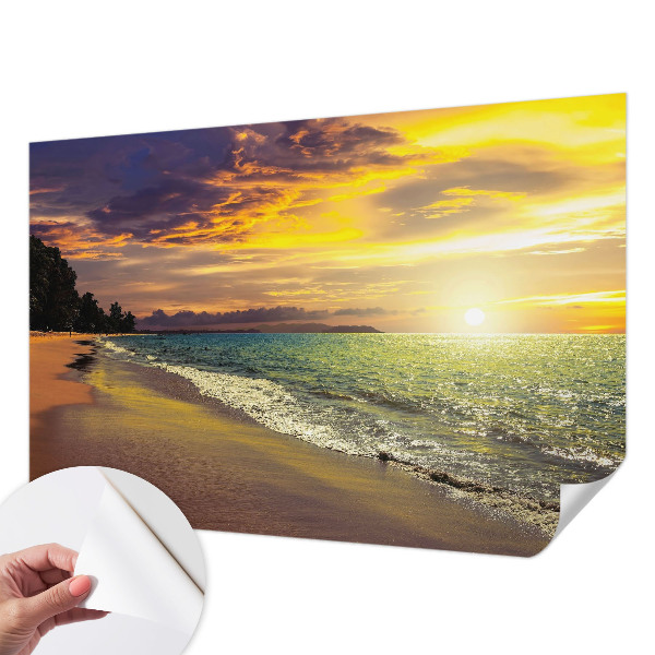 Self-adhesive wall mural with a beach at sunset motif