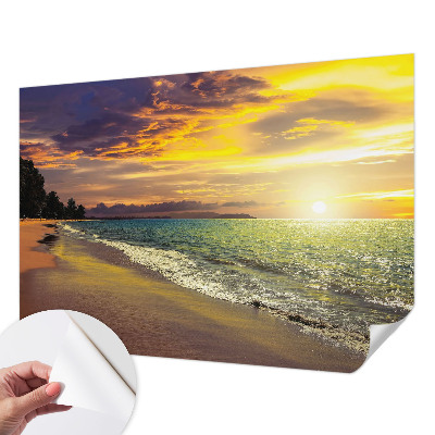 Self-adhesive wall mural with a beach at sunset motif