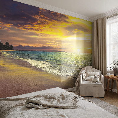 Self-adhesive wall mural with a beach at sunset motif