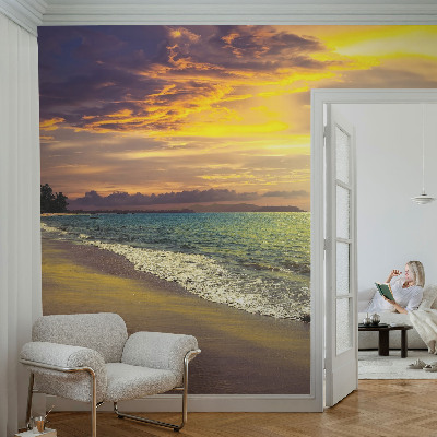 Self-adhesive wall mural with a beach at sunset motif