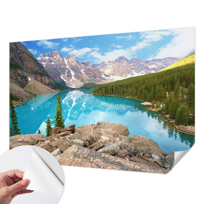 Peel and stick wall mural for living room with a blue lake design