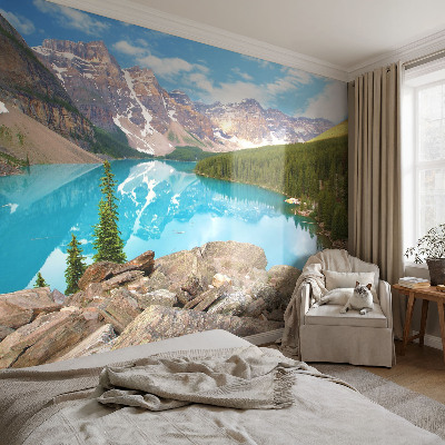 Peel and stick wall mural for living room with a blue lake design
