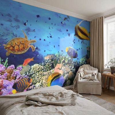 Self-adhesive wall mural with a coral reef design