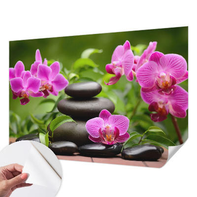 Removable wall mural wallpaper with an orchid stones design