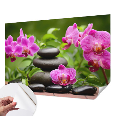 Removable wall mural wallpaper with an orchid stones design