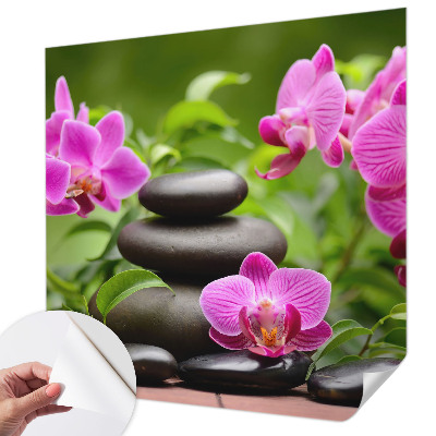 Removable wall mural wallpaper with an orchid stones design