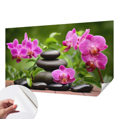 Removable wall mural wallpaper with an orchid stones design