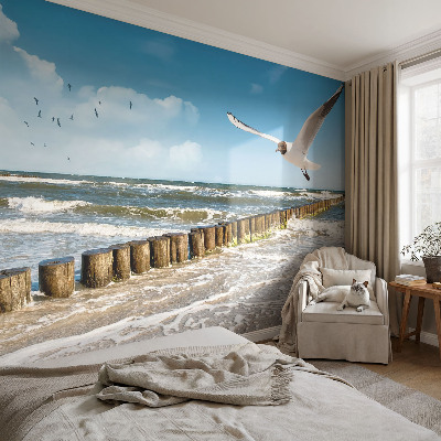 Peel and stick wall mural for living room with a seaside landscape design