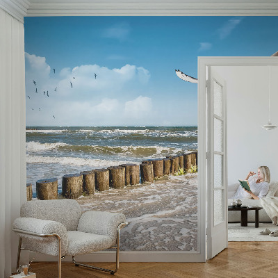 Peel and stick wall mural for living room with a seaside landscape design