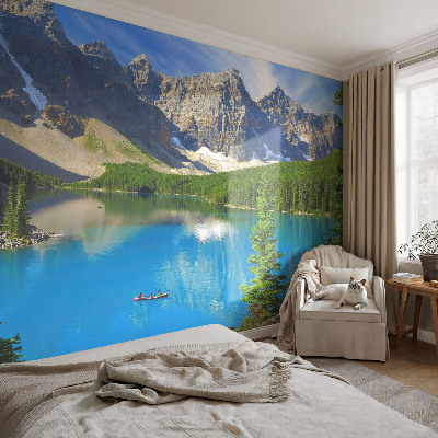 Baby room wall mural with a mountain lake design