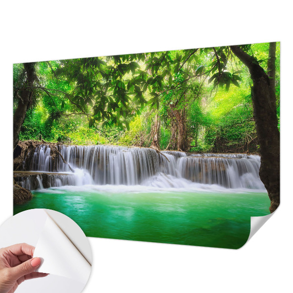 Removable wall mural wallpaper with a forest waterfall design