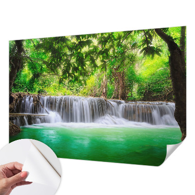 Removable wall mural wallpaper with a forest waterfall design