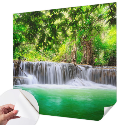 Removable wall mural wallpaper with a forest waterfall design