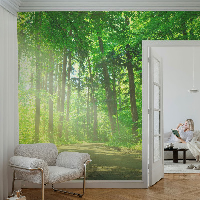 Self-adhesive wall mural with a forest path motif
