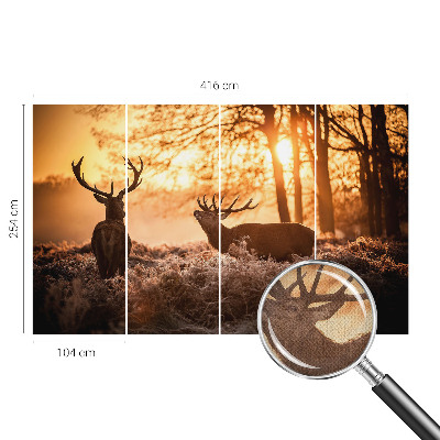 Peel and stick wallpaper mural with a deer depicted in a morning woodland scene