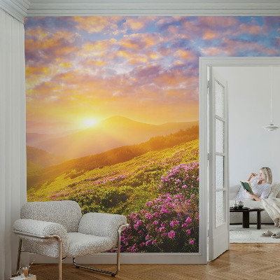 Self-adhesive wall mural with a Mountain West landscape design