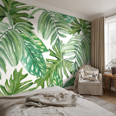 Peel and stick wall mural for living room with an exotic leaves design