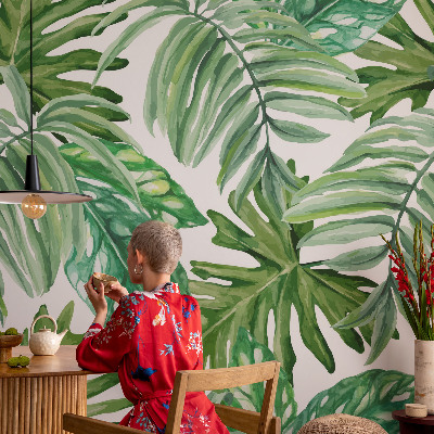 Peel and stick wall mural for living room with an exotic leaves design