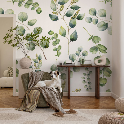 Removable wall mural wallpaper with a green leaves design