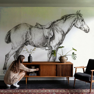 Nursery wall mural with a sketched horse illustration