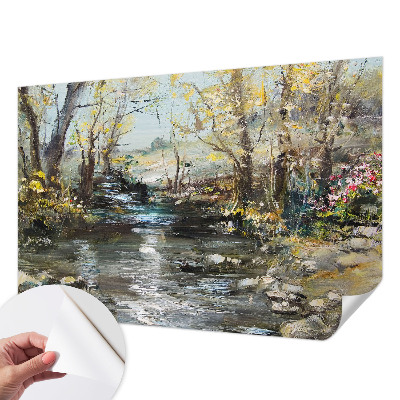 Children's wall mural with a forest stream design