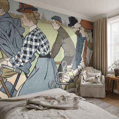 Peel and stick wall mural for living room Vintage cyclists