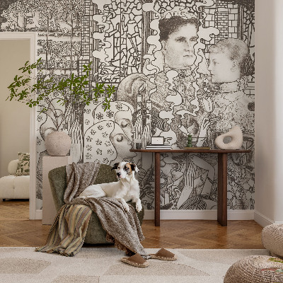 Baby room wall mural with floral portraits