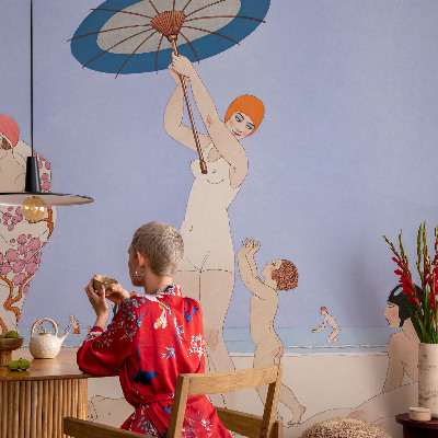 Peel and stick wall mural for bedroom with a retro beach design