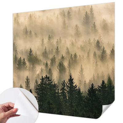 Peel and stick wall mural for living room with a forest fog design
