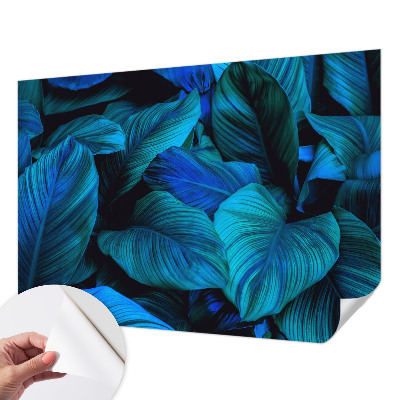 Stick-on wall mural with blue leaf pattern